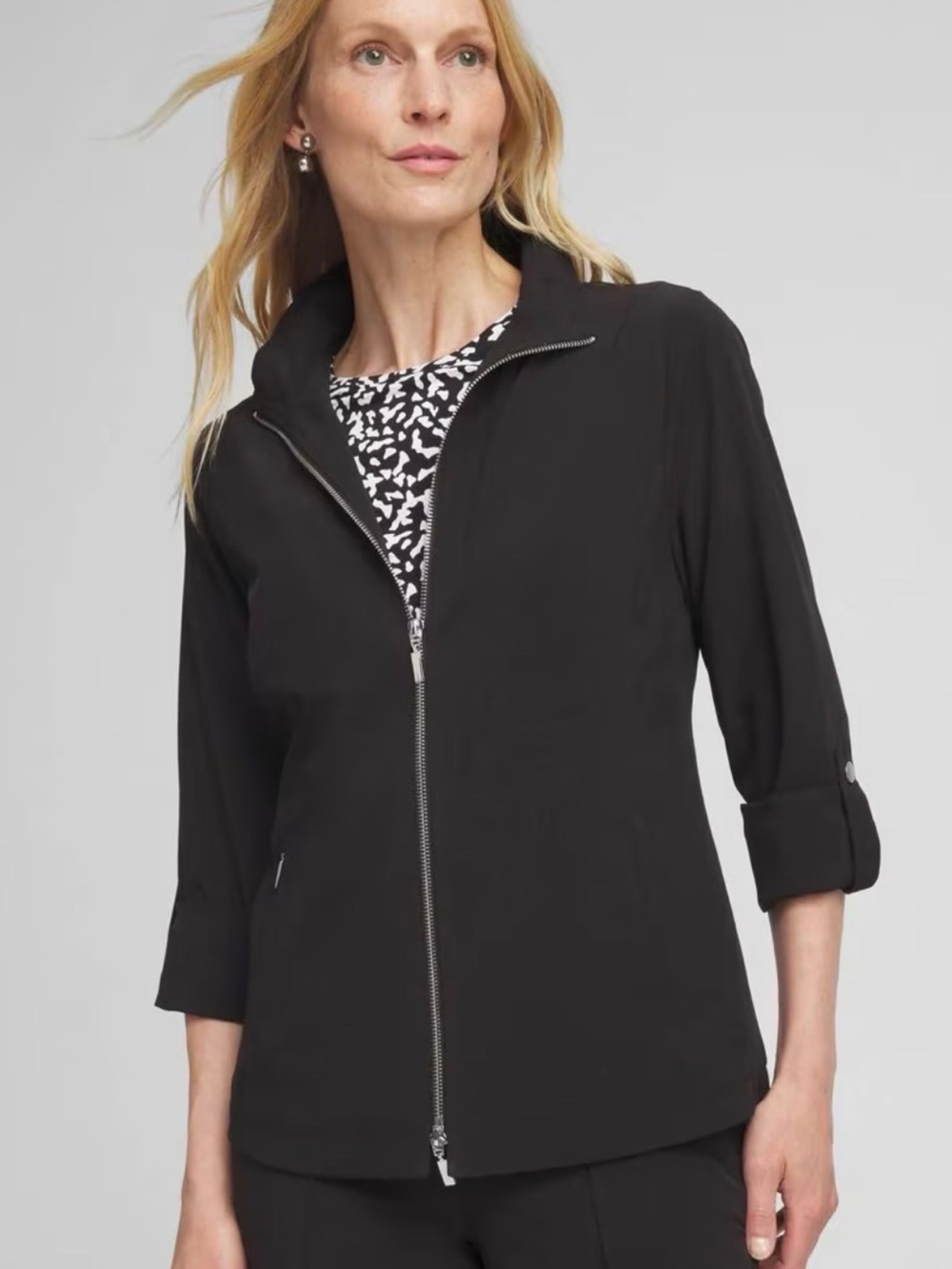 Chico's Zenergy UPF Black Zip-Front Roll Sleeve Self-Packable Utility Jacket